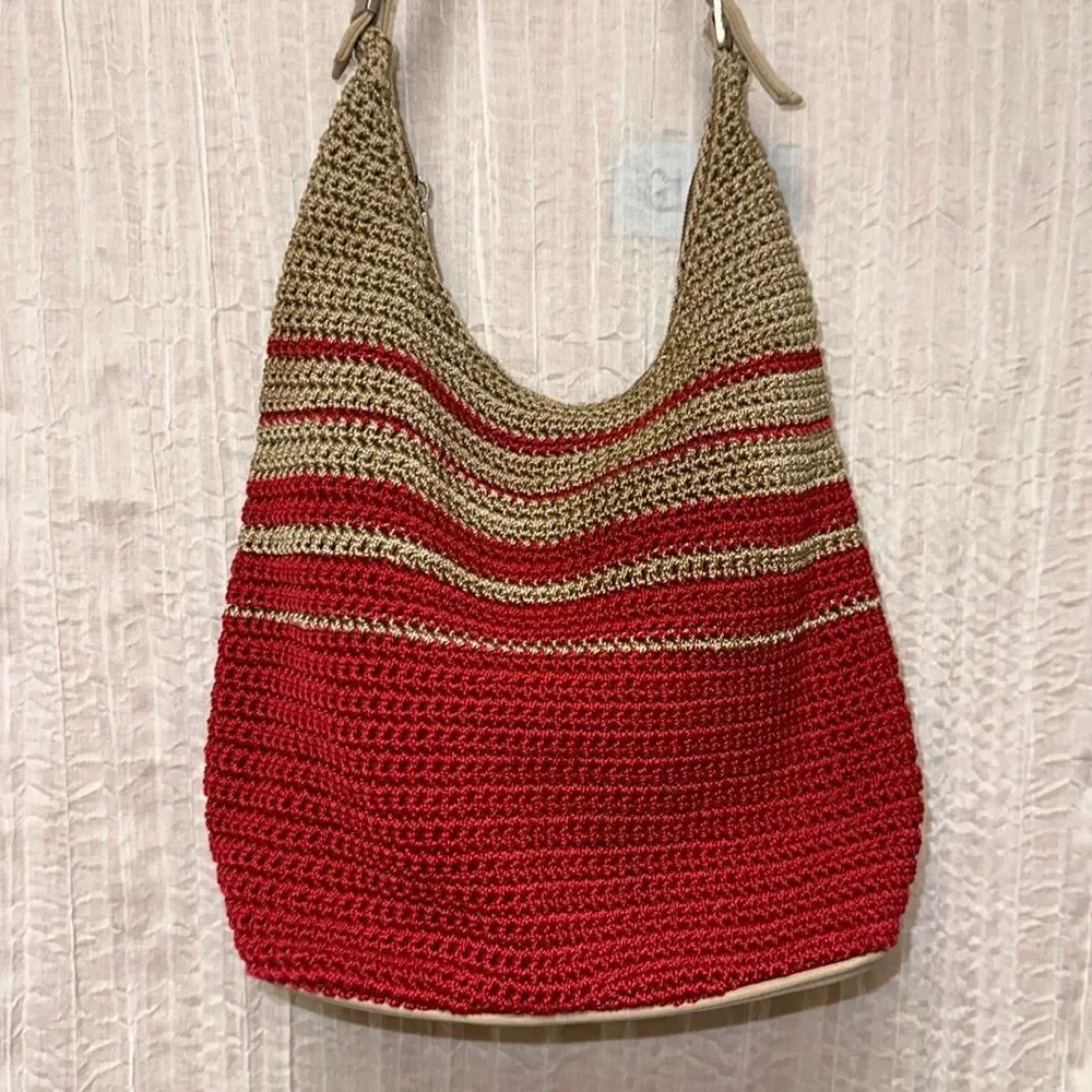 Red Tan Macrame Crochet Hobo Bag Purse